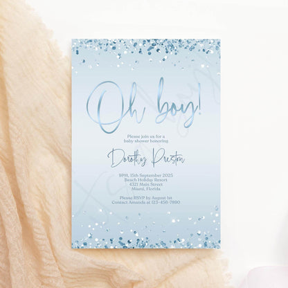 Oh Boy Baby Shower Invitation Template | Editable Blue & Silver Confetti Invite | Boy Baby Shower Digital Evite | Printable Instant Download