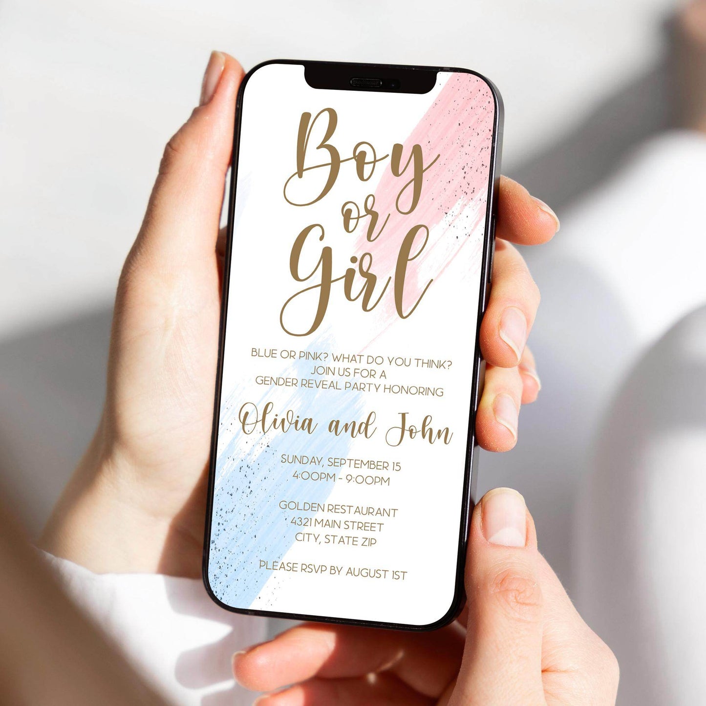 Boy or Girl Gender Reveal Invitation Template | Editable He or She Digital Evite | Watercolor Pink & Blue Text Message Invite | Instant Download