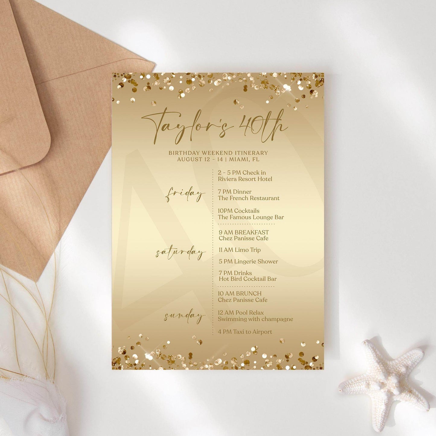 Editable Gold 40th Forty Birthday Itinerary Template, Printable Luxury Weekend Itinerary, Any Age Birthday Itinerary, Email Text Message