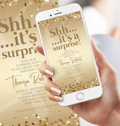 Digital Gold Shhh It’s a Surprise 40th Birthday Invitation Template, Editable Any Age Electronic Text Message Evite, Instant Download