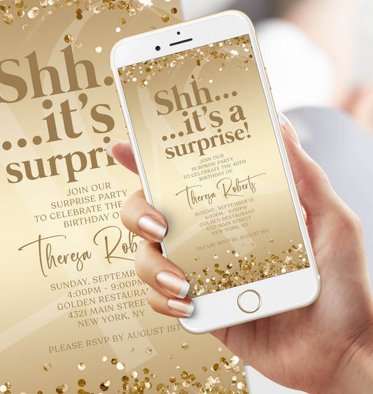 Digital Gold Shhh It’s a Surprise 40th Birthday Invitation Template, Editable Any Age Electronic Text Message Evite, Instant Download
