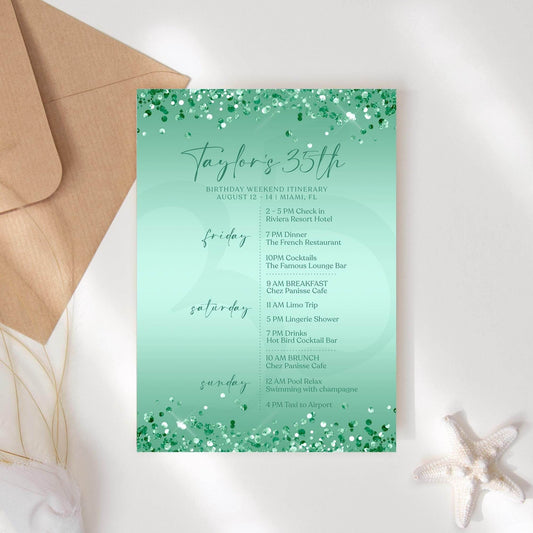 Editable Green Mint Birthday Itinerary Template, Printable Woman Itinerary, Ladies Weekend Itinerary, Party Schedule, Email Text Message