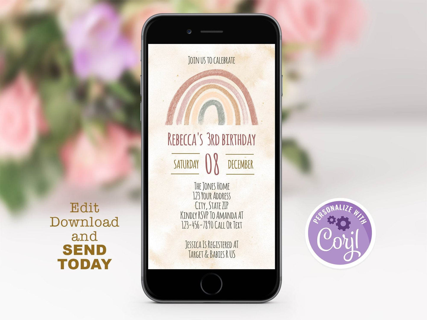 Editable Electronic 3rd Boho Rainbow Birthday Invitation, Mobile Phone Party E-Invite, Boho Watercolor Birthday Template, Instant Download