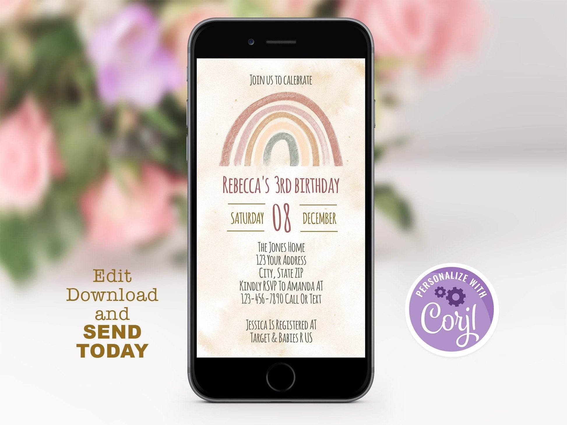 Editable Electronic 3rd Boho Rainbow Birthday Invitation, Mobile Phone Party E-Invite, Boho Watercolor Birthday Template, Instant Download