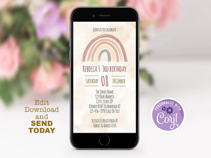 Editable Electronic 3rd Boho Rainbow Birthday Invitation, Mobile Phone Party E-Invite, Boho Watercolor Birthday Template, Instant Download