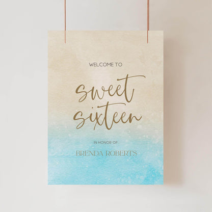 Sweet Sixteen Welcome Sign Template Printable, Beach Birthday Party Welcome Poster, Editable Birthday Banner Decorations, Instant Download
