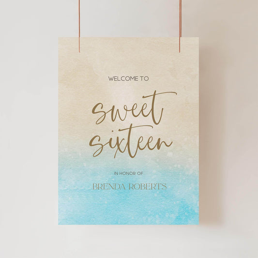 Sweet Sixteen Welcome Sign Template Printable, Beach Birthday Party Welcome Poster, Editable Birthday Banner Decorations, Instant Download