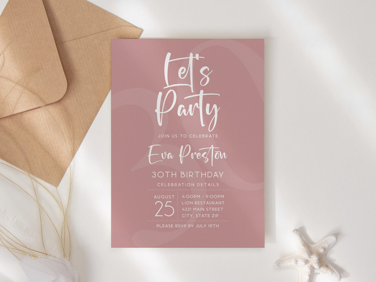 Simple Dusty Rose Let's Party Birthday Invitation Template, Printable Any Age Birthday Invite, Editable Email Text Message Evite, Download