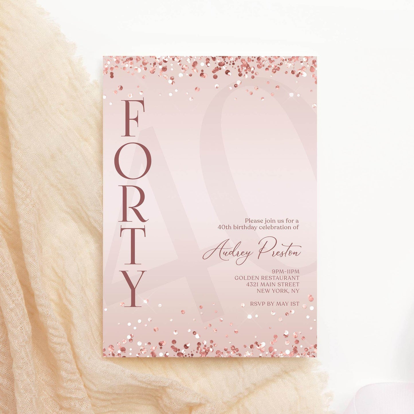 Pink Rose Gold 40th Birthday Invitation – Editable Surprise Party Template – Printable & Digital Invite – Text Message Evite – Instant Download