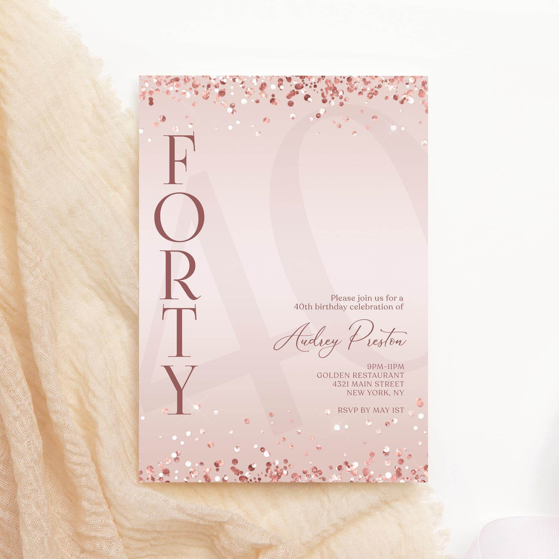 Pink Rose Gold 40th Birthday Invitation – Editable Surprise Party Template – Printable & Digital Invite – Text Message Evite – Instant Download