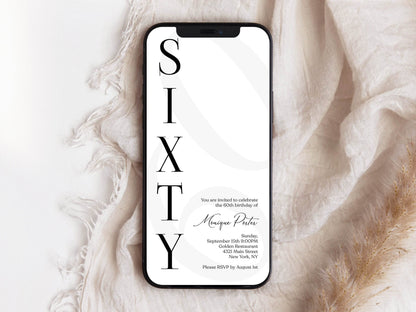 Digital Simple 60th Sixty Birthday Invitation Template, Electronic Minimalist Birthday Invite, Modern Any Age Invite, DIY Text Message Evite