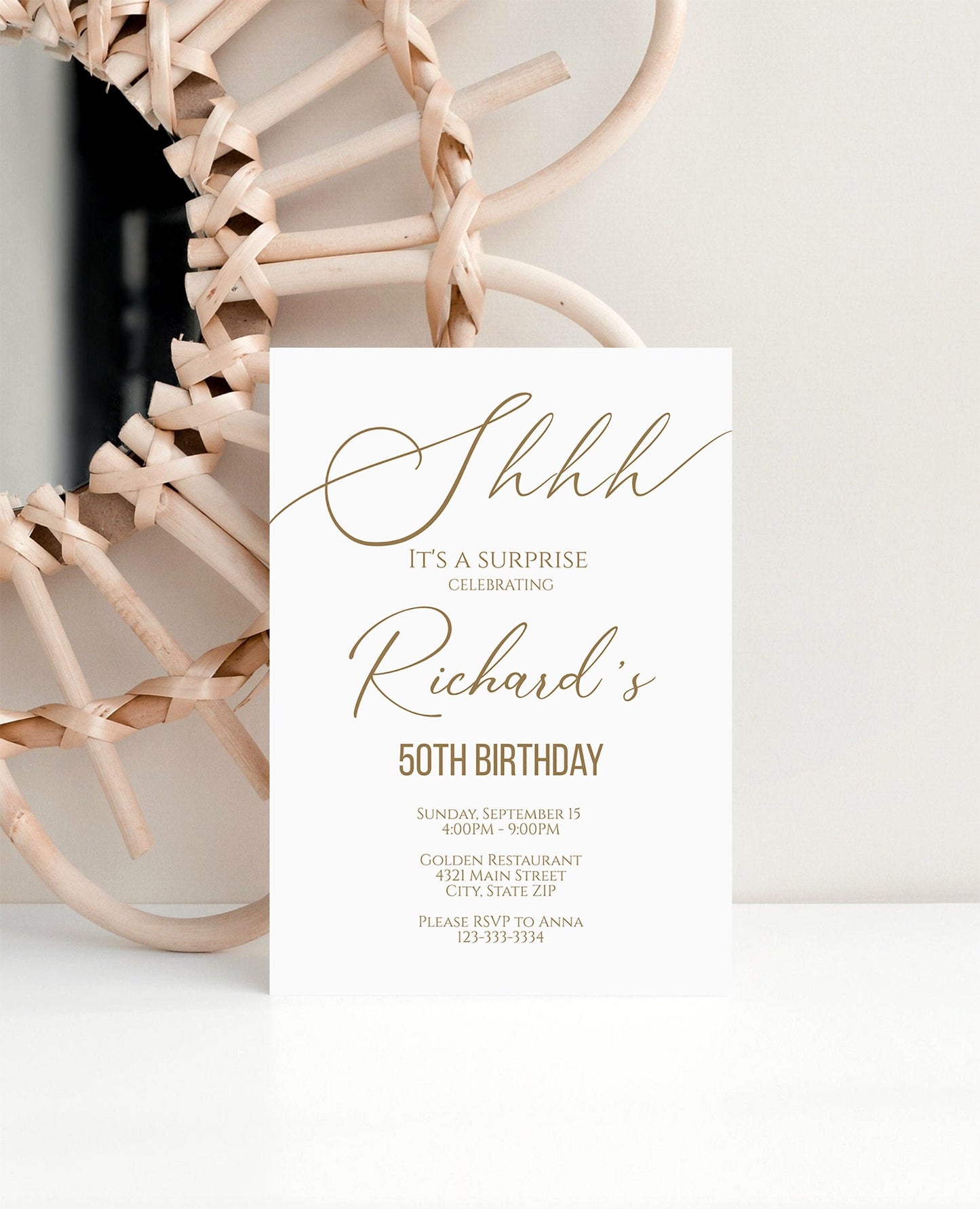 Shhh It's a surprise 50th Birthday Printable Invitation, Birthday Surprise Party, White Birthday Invitation, Editable Invitation Template