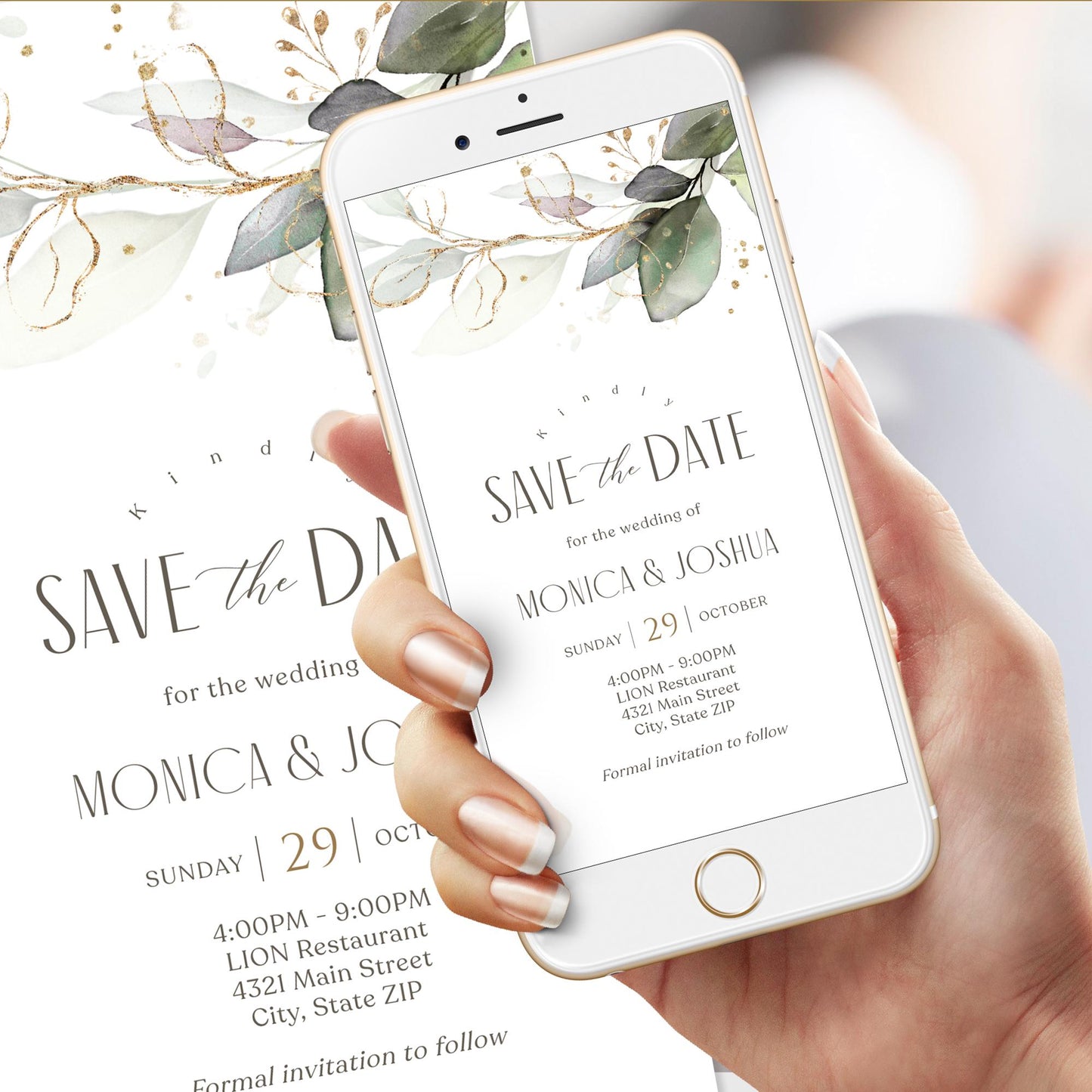 Digital Kindly Save the Date Editable Invitation Template, Bohemian Greenery Eucalyptus Invite, Electronic Save the Date Text Message Evite