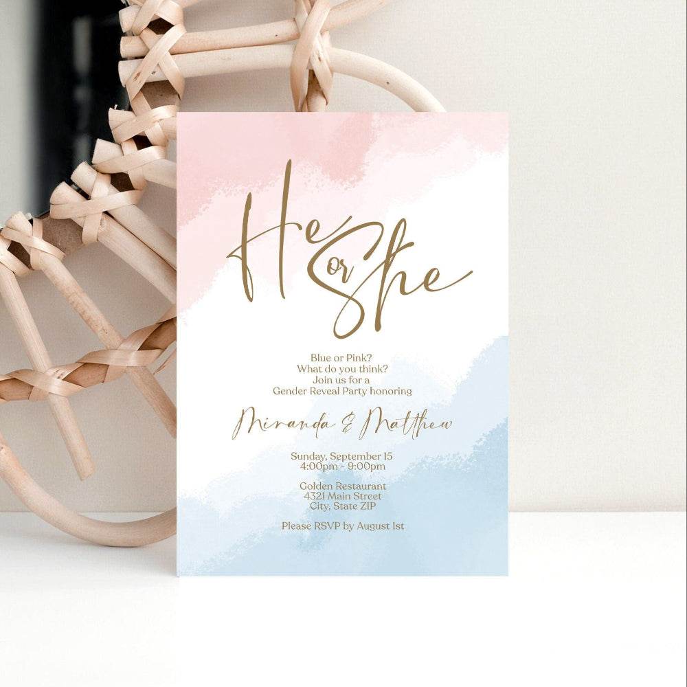 Editable He or She Gender Reveal Invitation – Neutral Pink & Blue Watercolor Baby Shower Invite – Printable Boy or Girl Digital Evite Template