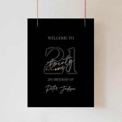21st Birthday Welcome Sign Template | Black & Gold Editable Party Poster | Printable Twenty-One Birthday Sign | Instant Download Decoration