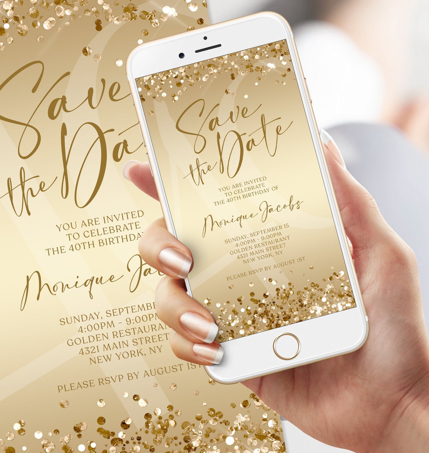 Gold Save the Date Digital Invitation | Editable Electronic Evite | 40th Birthday or Any Age | Custom Corjl Template | Instant Download