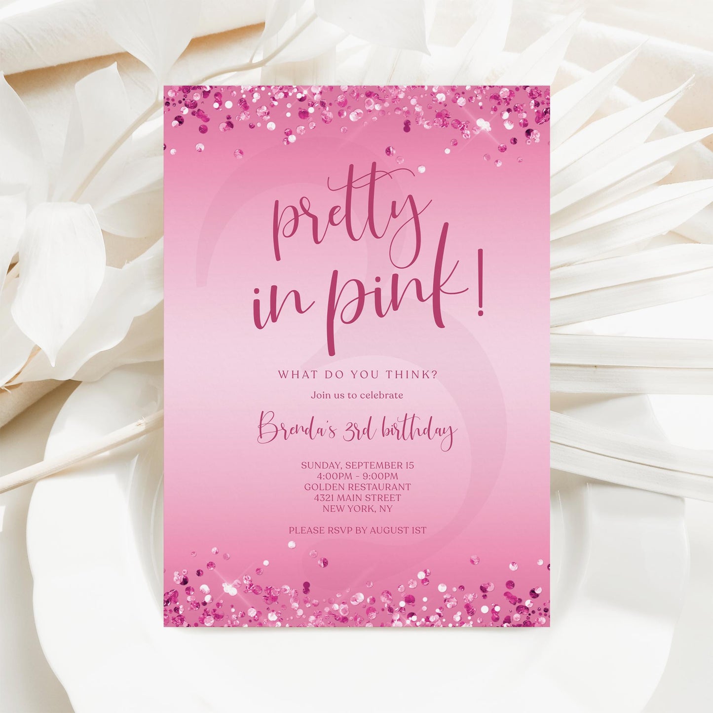 Pretty in Pink 3rd Girl Birthday Invitation Template | Editable & Printable