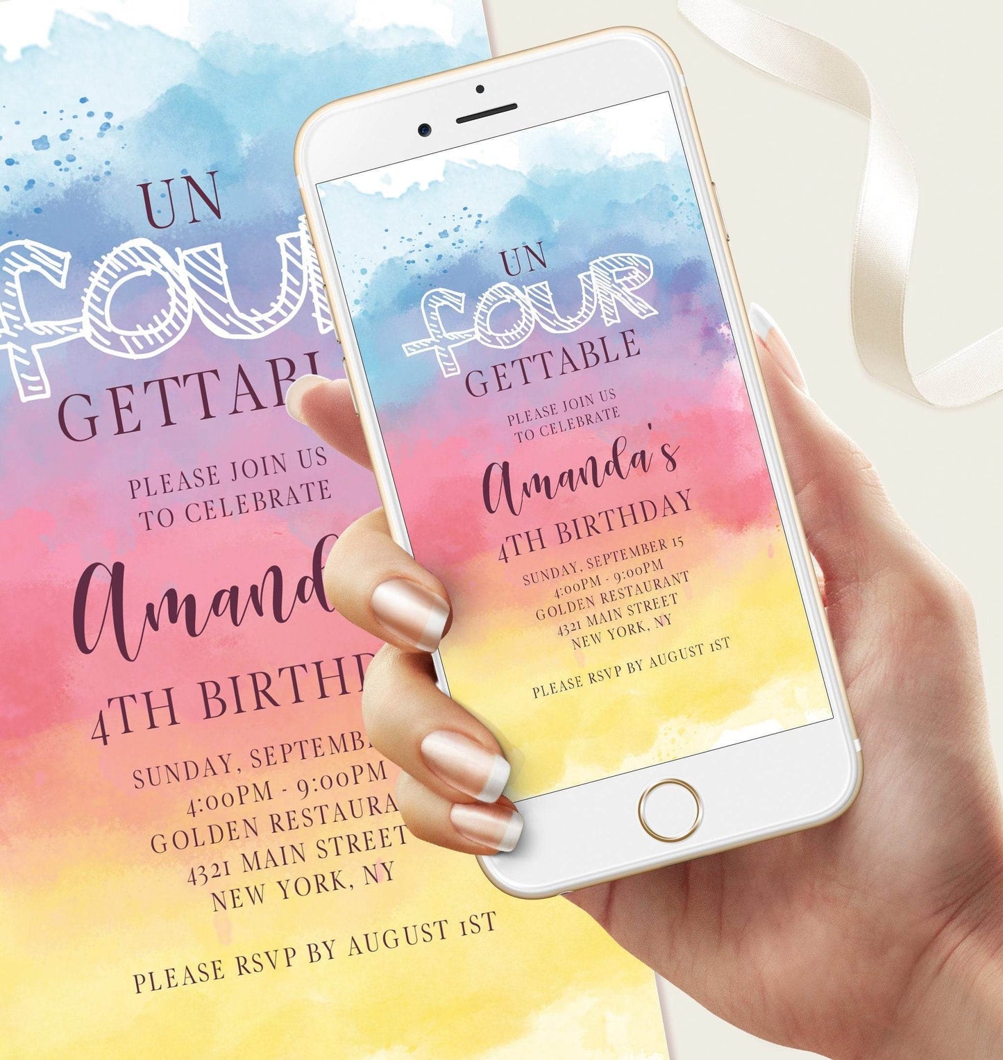 4th Birthday Pastel Rainbow Invitation – Editable Girl's Digital Invite | DIY Electronic Evite | Text Message Party Template | Instant Download