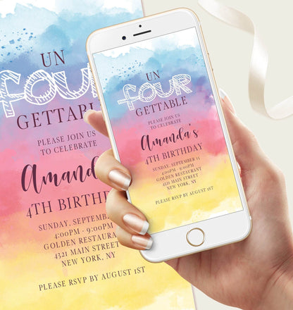 4th Birthday Pastel Rainbow Invitation – Editable Girl's Digital Invite | DIY Electronic Evite | Text Message Party Template | Instant Download