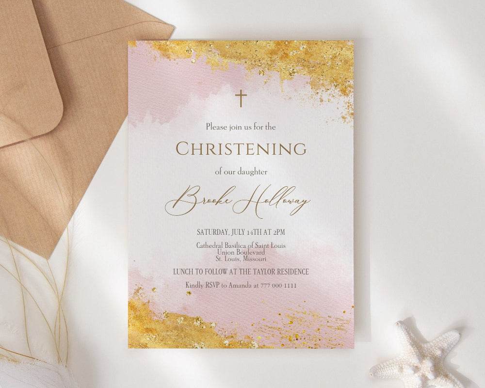 Printable Girl Christening Invitation Template, Editable Pink Gold Baptism Invite, Pink Watercolor Christening Invitation, Instant Download