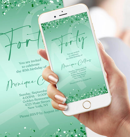 Digital Mint Green 40th Birthday Invitation Template, Electronic Forty Birthday Invite, Mint Foil Confetti Editable Text Message Evite
