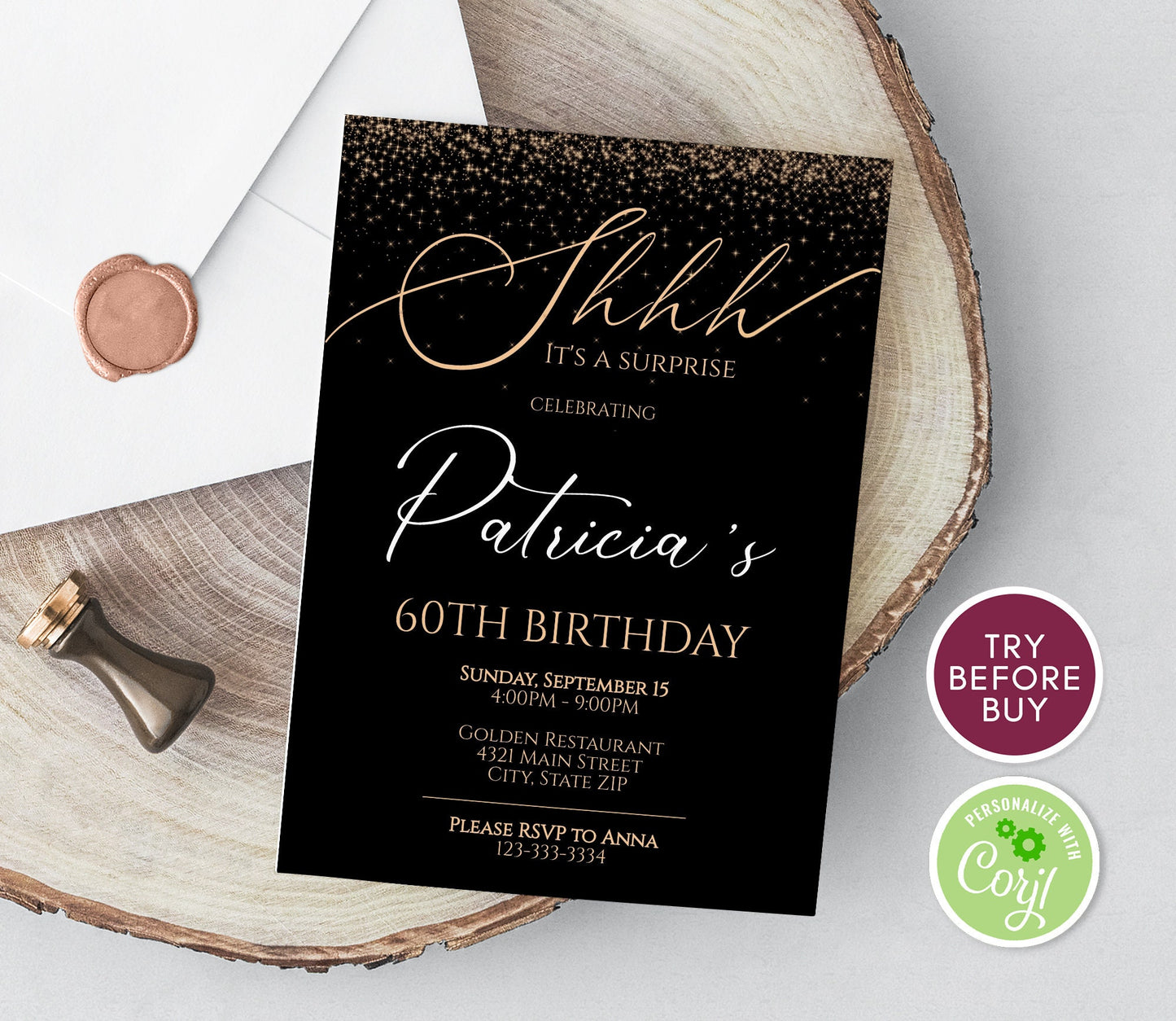 60th Birthday Invitation Template - Black and Gold Design