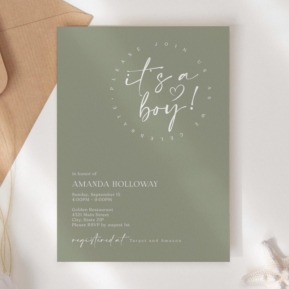 Minimalist Green Baby Shower Invitation – Editable Digital Evite, It’s a Boy Baby Shower Invite – Sage Green Corjl Template, Boho Baby Shower Invitation for Boy – Mobile Text Format, Editable Baby Shower Card – Minimal Green Design, Digital Baby Shower Invitation – Greenery for Boy, Customizable It's a Boy Invitation – Instant Download, Modern Baby Shower Evite – Sage Green for Boy, Text Message Baby Shower Invite – Editable Green Template
