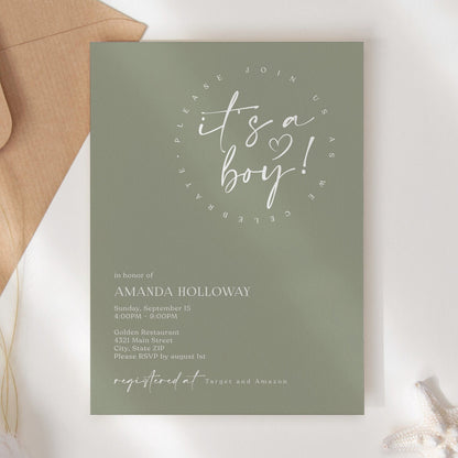Minimalist Green Baby Shower Invitation – Editable Digital Evite, It’s a Boy Baby Shower Invite – Sage Green Corjl Template, Boho Baby Shower Invitation for Boy – Mobile Text Format, Editable Baby Shower Card – Minimal Green Design, Digital Baby Shower Invitation – Greenery for Boy, Customizable It's a Boy Invitation – Instant Download, Modern Baby Shower Evite – Sage Green for Boy, Text Message Baby Shower Invite – Editable Green Template