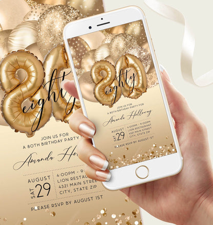 Digital 80th Birthday Invitation Template – Editable Gold Balloons Evite | Custom Mobile Text Message Invite | Electronic DIY Download