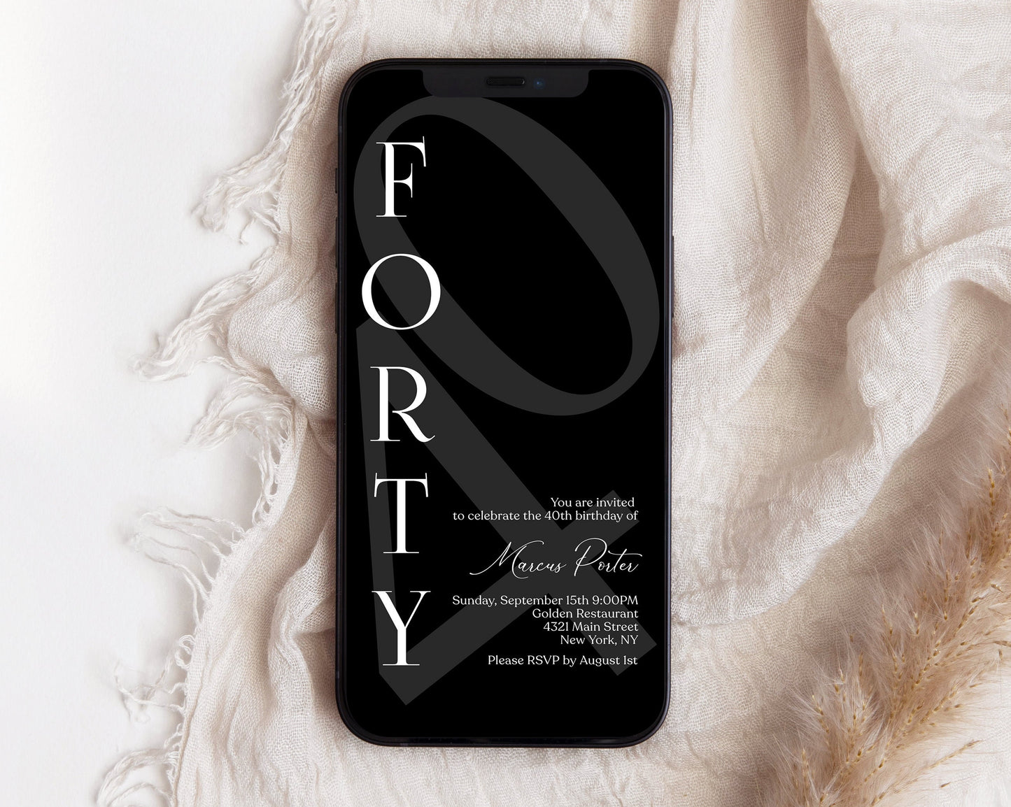 Digital Minimalist Simple Black 40th Forty Birthday Invitation Template, Editable Any Age Men Invite, Email Text Message Evite, Phone Invite