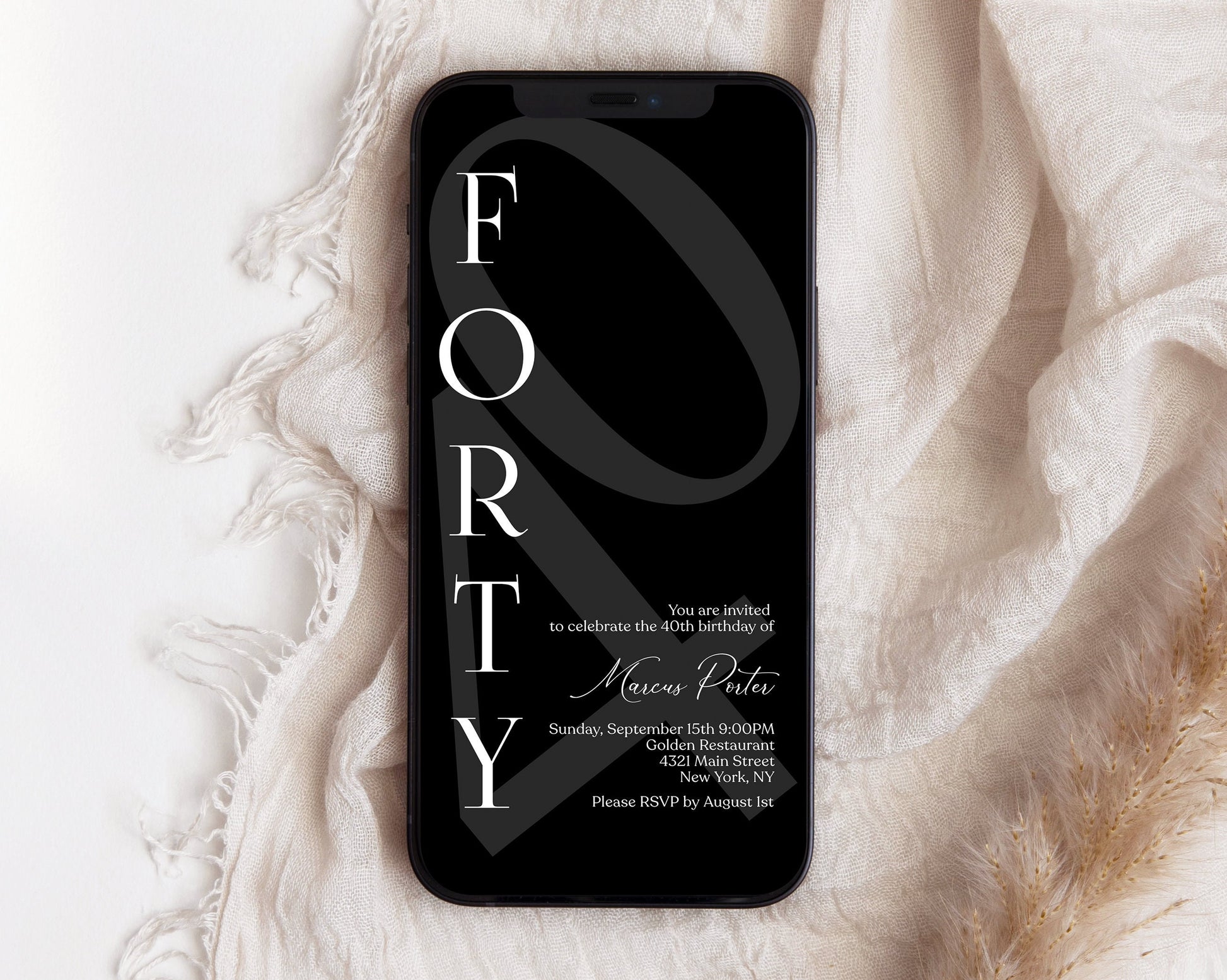 Digital Minimalist Simple Black 40th Forty Birthday Invitation Template, Editable Any Age Men Invite, Email Text Message Evite, Phone Invite