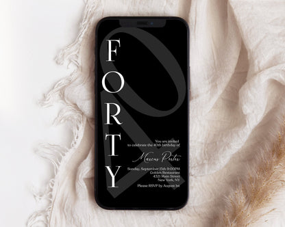 Digital Minimalist Simple Black 40th Forty Birthday Invitation Template, Editable Any Age Men Invite, Email Text Message Evite, Phone Invite