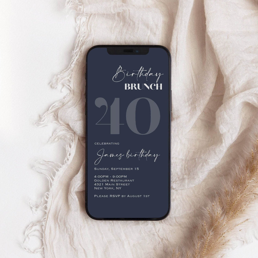 Navy Silver 40th Birthday Brunch Invitation, Editable Digital Evite Template, Paperless Forty Birthday Party Invite, Instant Download