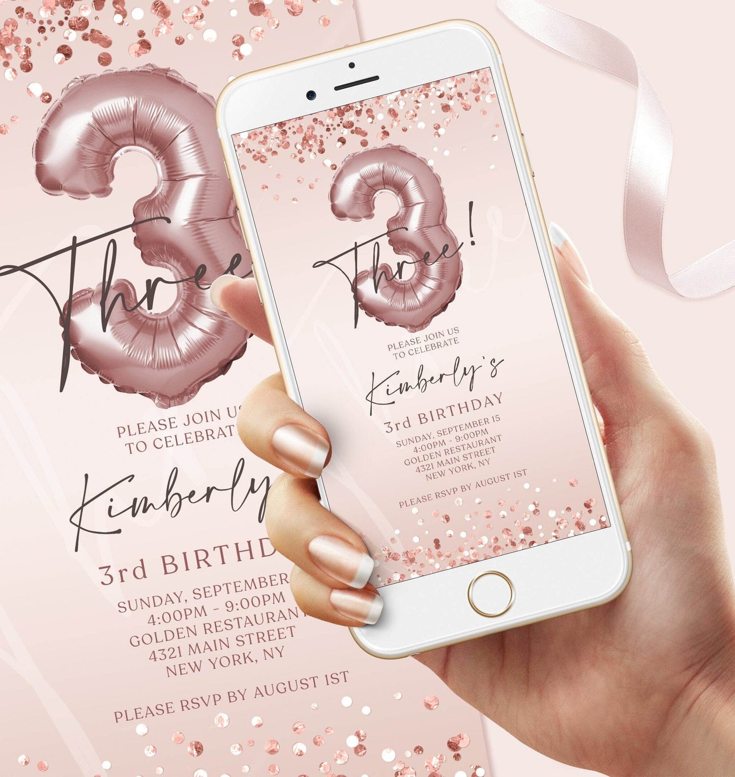 3rd Girl Birthday Invitation Template – Digital Rose Gold Mobile Invite – Editable Text Message Evite – Instant Download