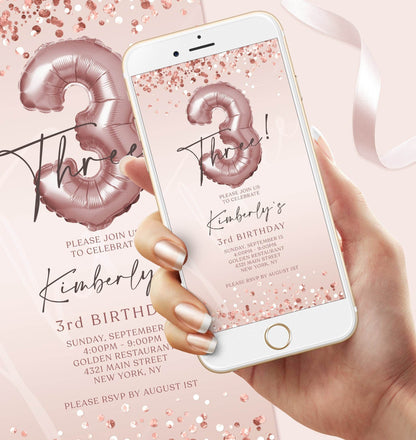 3rd Girl Birthday Invitation Template – Digital Rose Gold Mobile Invite – Editable Text Message Evite – Instant Download