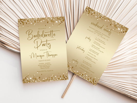 Bachelorette Party Itinerary Invitation Template, Printable Bachelorette Weekend Invitation, Editable Gold Confetti Hen Party Itinerary