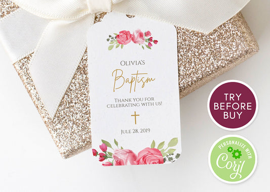 Baptism Thank You Tags, Floral Baptism Favor Tags, Personalized Baptism Favor Tag, First Communion Tags, Instant Download, Editable Text