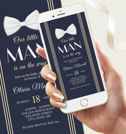 Navy Baby Shower Invitation Template, Little Gentleman Blue Gold Evite, Bow Tie Digital Invite, Text Message Phone Baby Shower Download