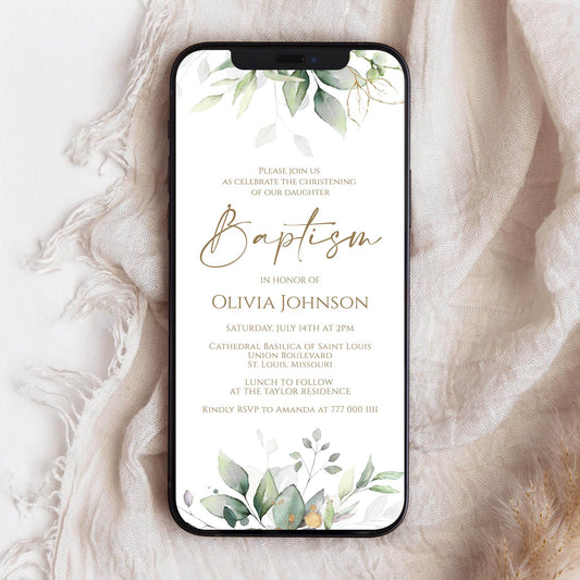 Greenery Baptism Invitation | Editable Digital Evite