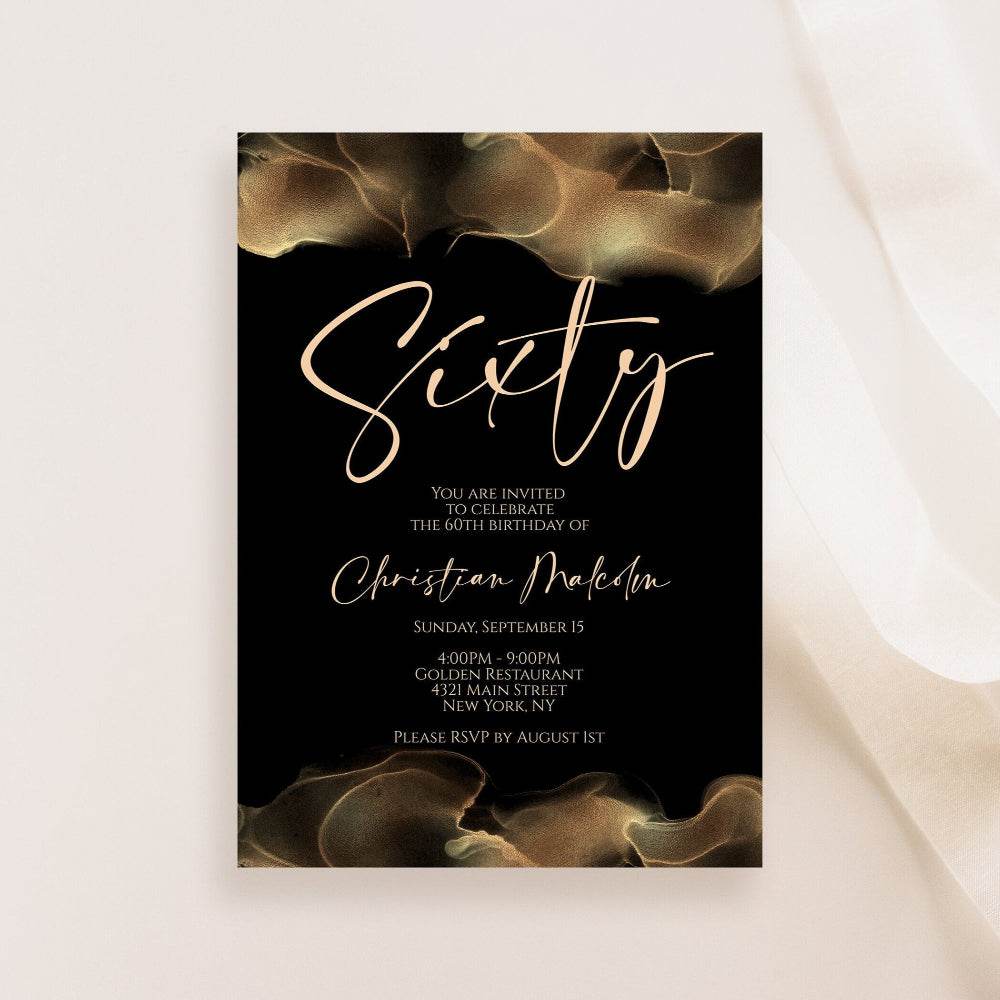 Printable 60th Birthday Invitation Template – Editable Black Gold Foil & Blush Luxury Invite – Digital Download – Gold Birthday Party Email Text Message