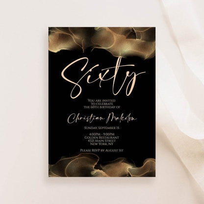 Printable 60th Birthday Invitation Template – Editable Black Gold Foil & Blush Luxury Invite – Digital Download – Gold Birthday Party Email Text Message