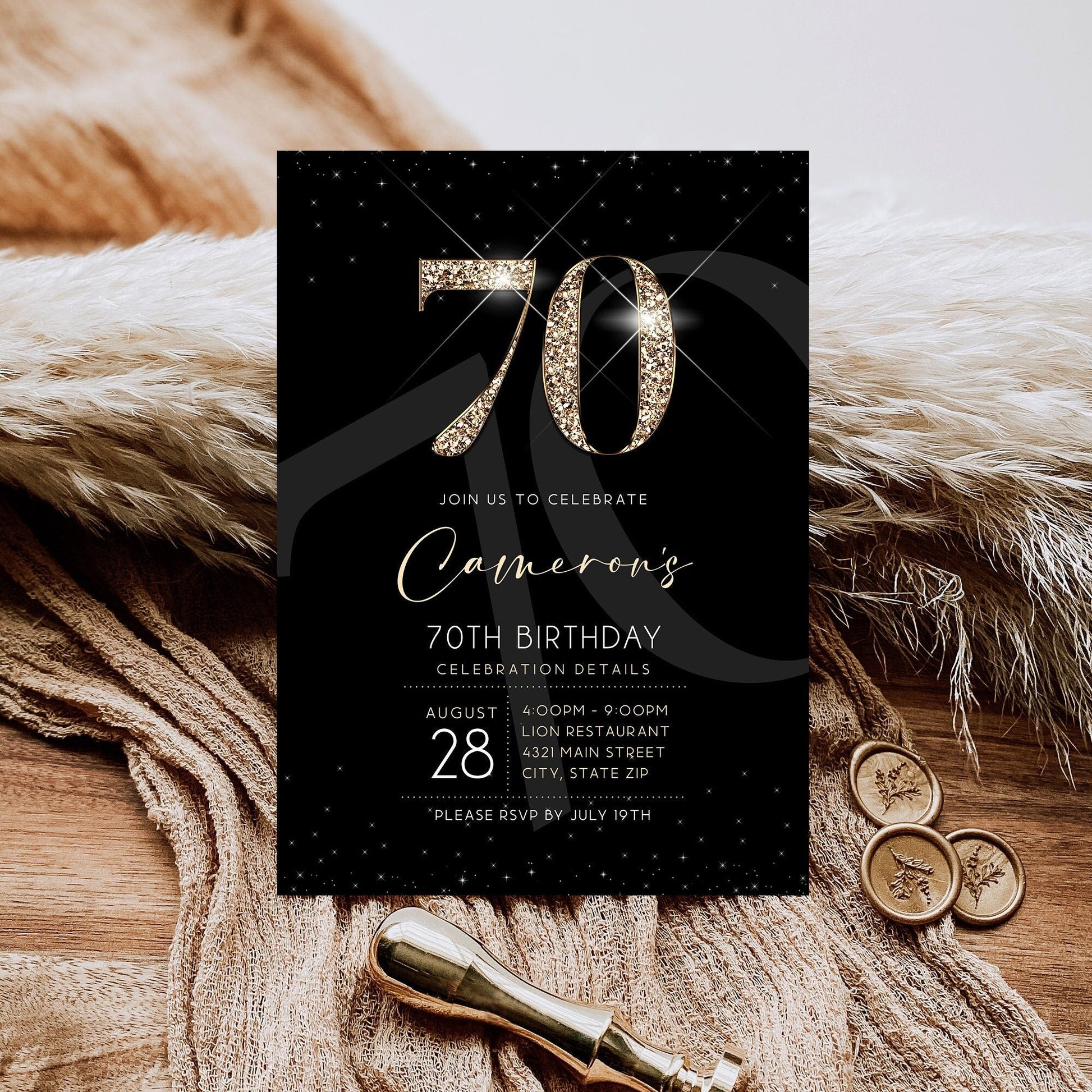 Black Gold Luxury 70th Seventy Birthday Invitation Template, Printable Men's Invite, Editable Invitation, Elegant Invite, Email Text Message