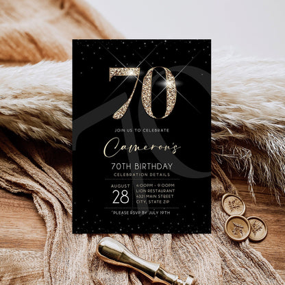 Black Gold Luxury 70th Seventy Birthday Invitation Template, Printable Men's Invite, Editable Invitation, Elegant Invite, Email Text Message