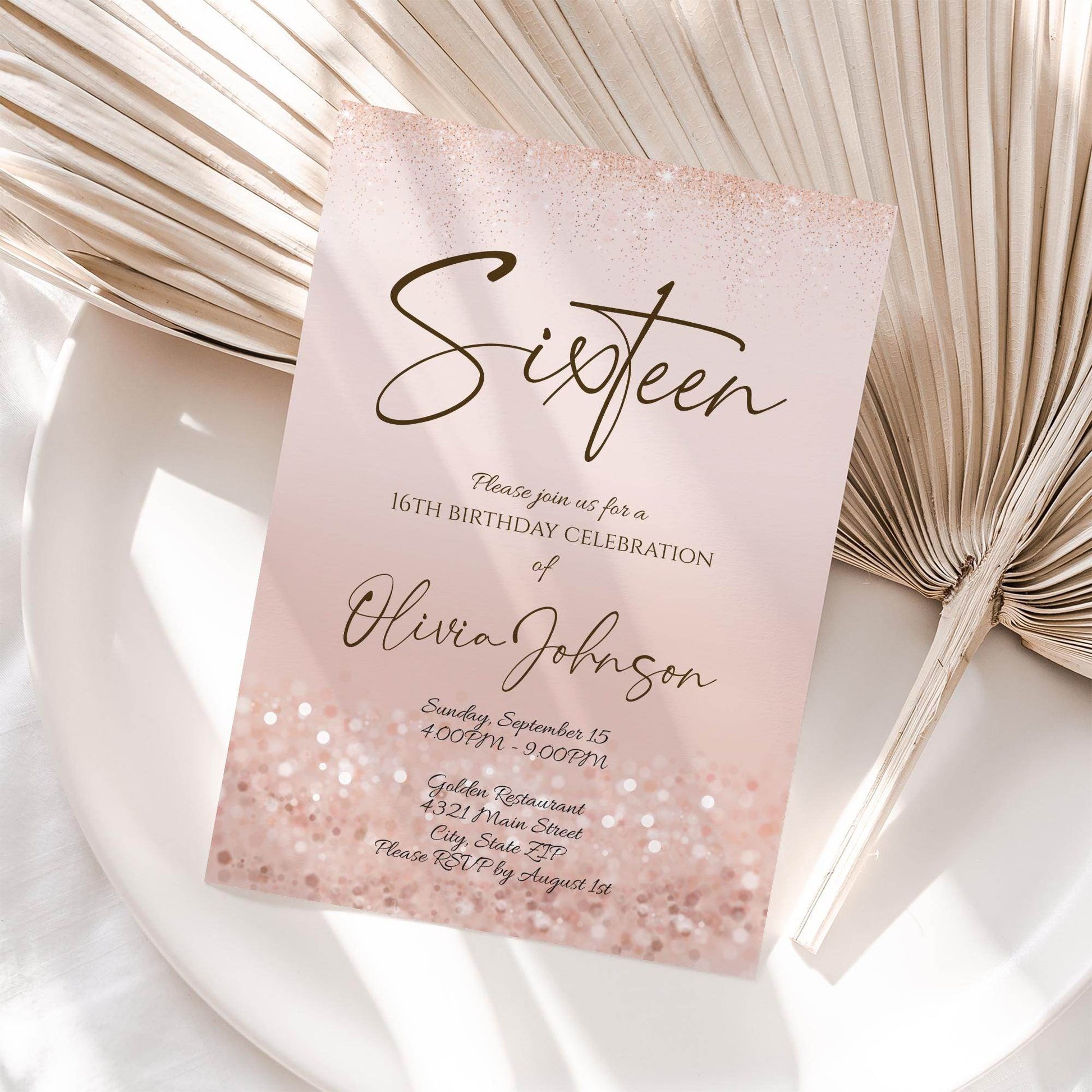 Girl 16th Sixteen Invitation Template Printable, Pink Birthday Party Invite, Editable Rose Gold Glitter Birthday Invitation Instant Download
