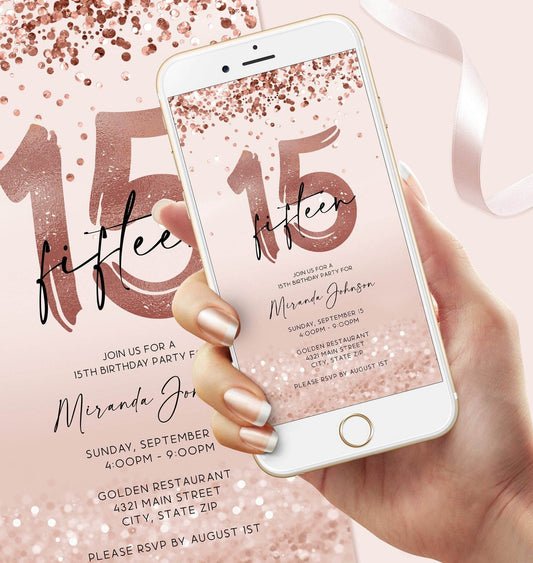 Electronic 15th Birthday Invitation | Rose Gold Confetti Digital Evite | Editable Girl Birthday Invite | Instant Download | Text & Email Template