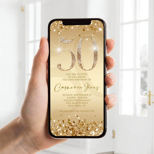 50th Birthday Invitation Template | Gold Digital Evite for 50th Party | Editable Mobile Text Message Invite | Electronic Birthday Card Download