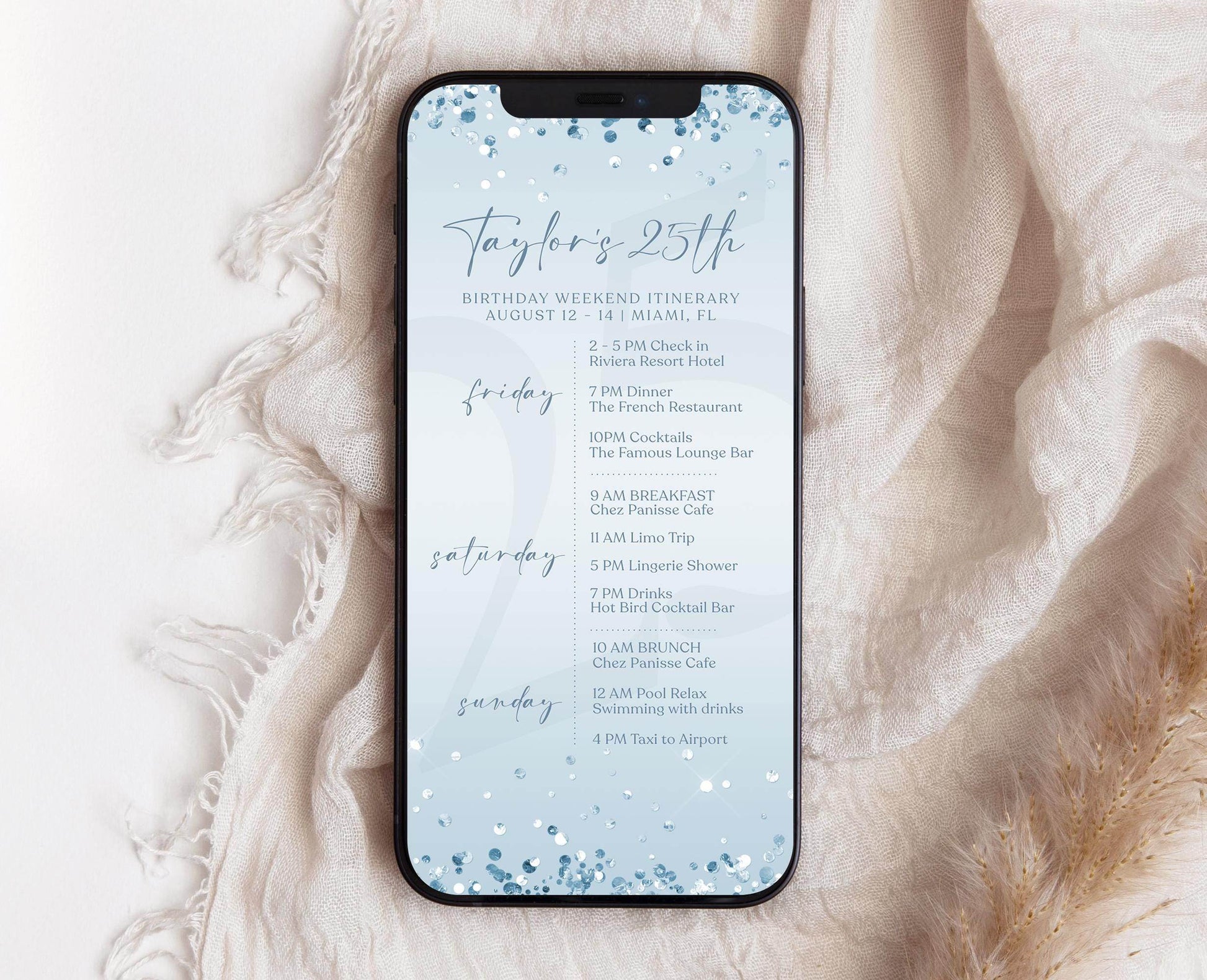 Electronic Birthday Weekend Itinerary Template, Blue Silver Birthday Itinerary, Digital Birthday Weekend Schedule, Editable Itinerary Invite