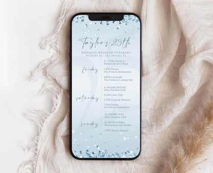 Electronic Birthday Weekend Itinerary Template, Blue Silver Birthday Itinerary, Digital Birthday Weekend Schedule, Editable Itinerary Invite