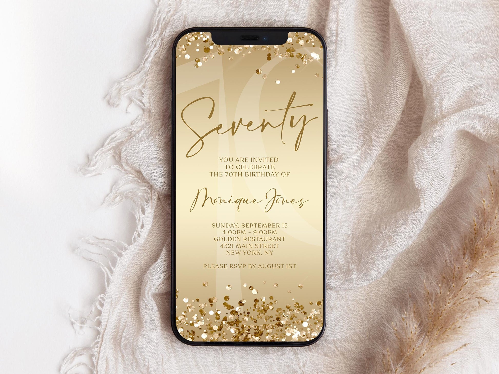 Gold 70th Seventy Invite Digital Template, Electronic Gold Birthday Invitation, Gold Confetti 70th Birthday, Editable Text Message Evite