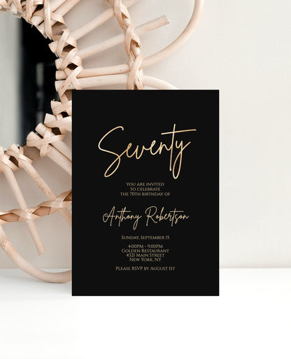 Printable Seventy 70th Birthday invitation template, Editable Black Gold Foil Birthday Invite, 5x7 Digital Card Template, Email Text Message